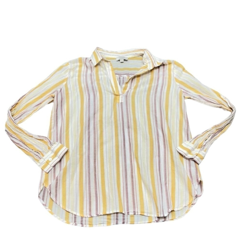 LOFT Striped Cotton Popover Blouse Small Yellow Lavender Long Sleeve Casual